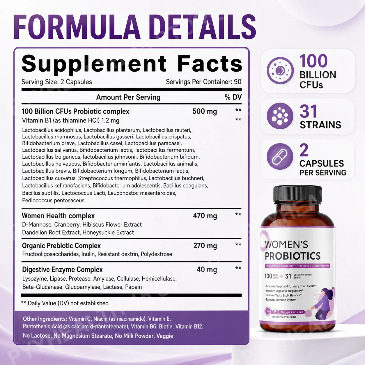 Women's Probiotics 100B CFUs 31 Strains, Feminine Flora Balance, Digestive Comfort Support, Cranberry D-Mannose, 180 Capsules
