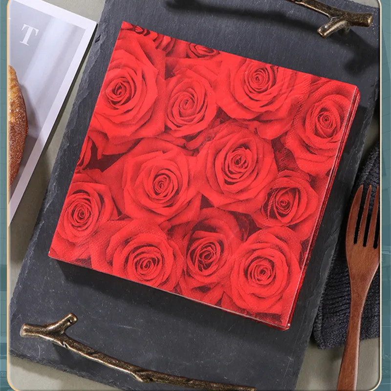 20Pcs/pack Red Rose Flower Printed Paper Disposable Tableware Sqaure Napkin Tissues Wedding Party Decoration