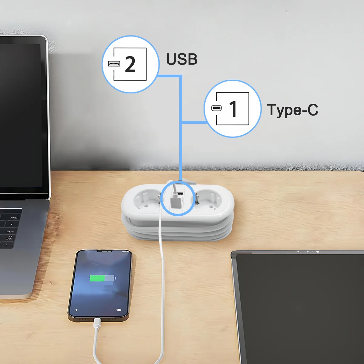 Travel Multiple Socket with USB Power Strip with 2 USB and 1 Type C Ports and Wrapped Cable USB Socket for Travel and Office