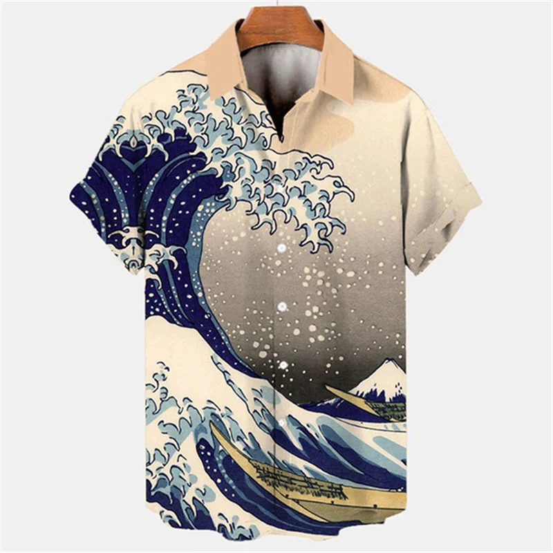 Men's Hawaiian Retro Waves Shirts 3D Printed Short Sleeves casual Lapel Beach Style Tops Fashion Versatile Clothing