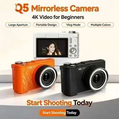 Q5 Mirrorless Digital Camera 4K Video Large Aperture Portable Vlog Multi‑Color Compact Photography Camera for Beginners