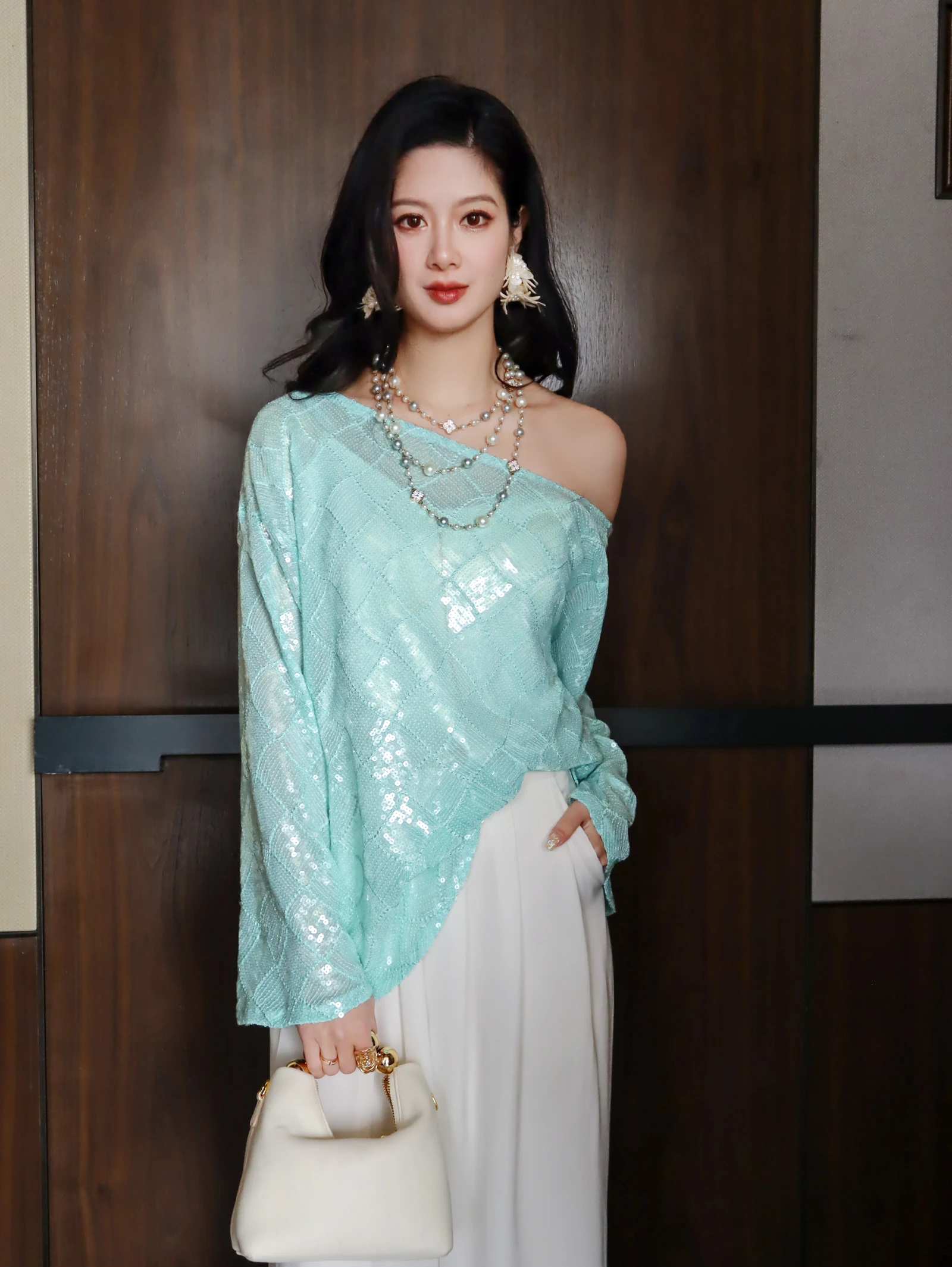 

Heavy Work Mint Green Sequin Plaid Long Sleeve Lazy Style Loose Fit Overhead Shoulder Shirt Top for Young Women