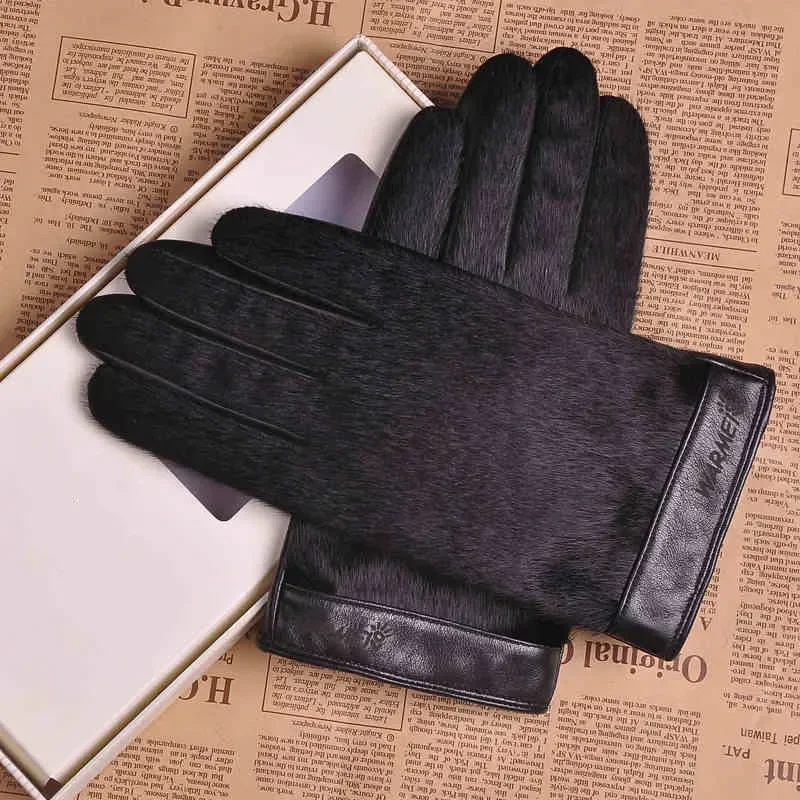 Man's Real Leather Gloves Male Business Sheepskin Gloves Autumn Winter Velvet Lined Thicken Warm Faux Fur Leather Gloves