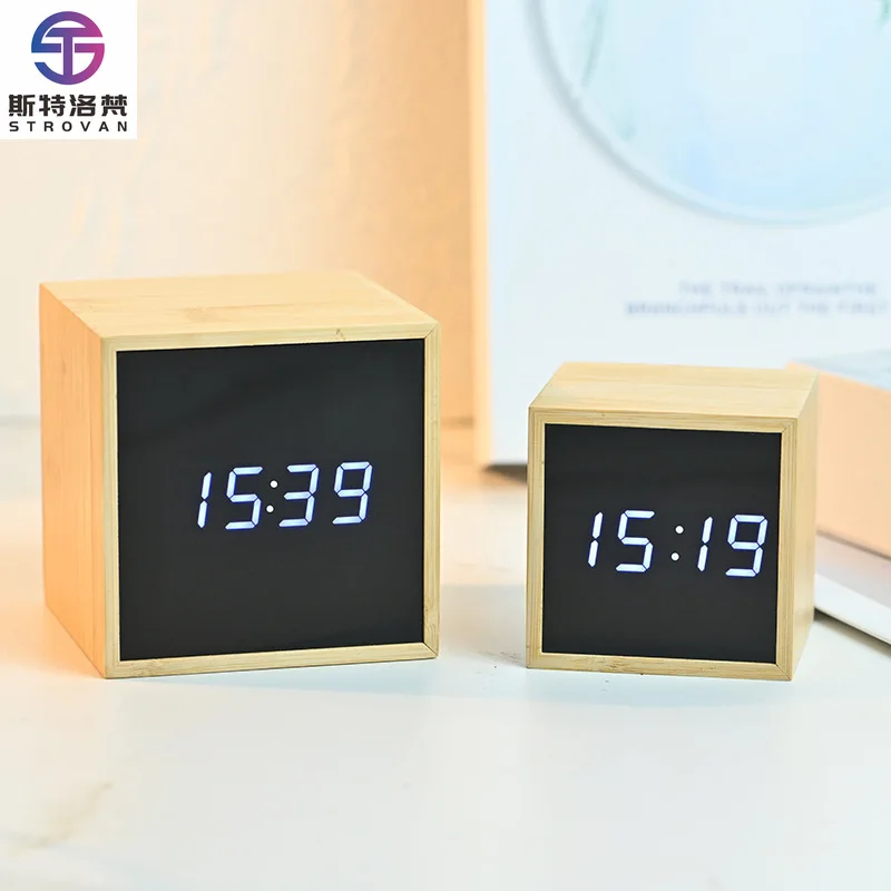 Creative Bamboo Small Desktop Alarm Clock Square LED Mirror with Luminous Voice-Activated Digital Features for Students