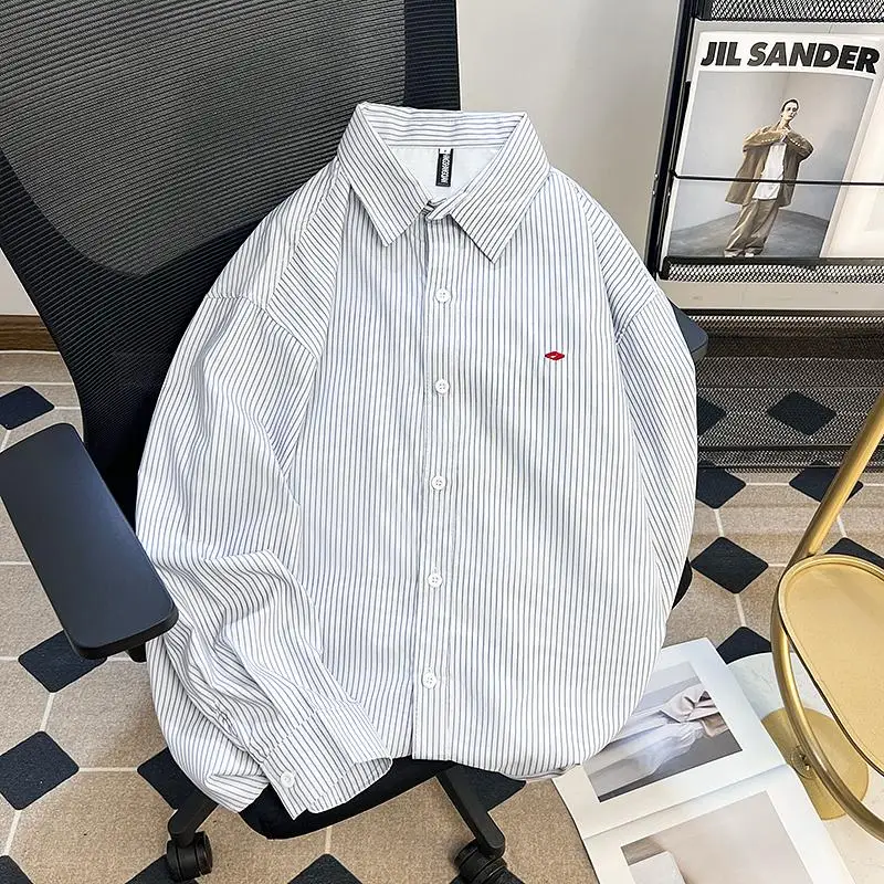 

Retro Japanese Sle Long Sve irt Men's Faion Hong Kong Sle Casual Spring Autumn Thin Outerwear Vertical Stripes
