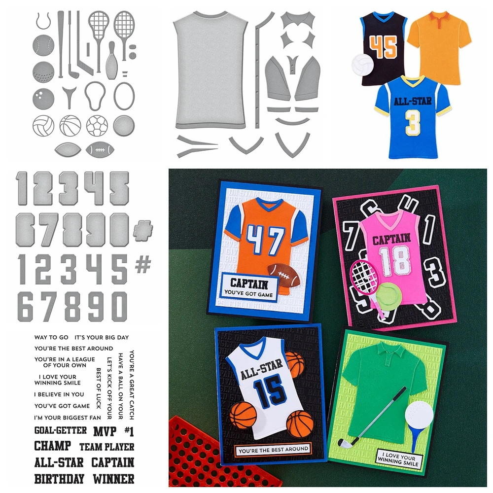 

Sportswear Basketball Volleyball Theme Metal Cutting Dies Number 0-9 Layered Diecut Encouragement Words Clear Stamps 2024 DIY