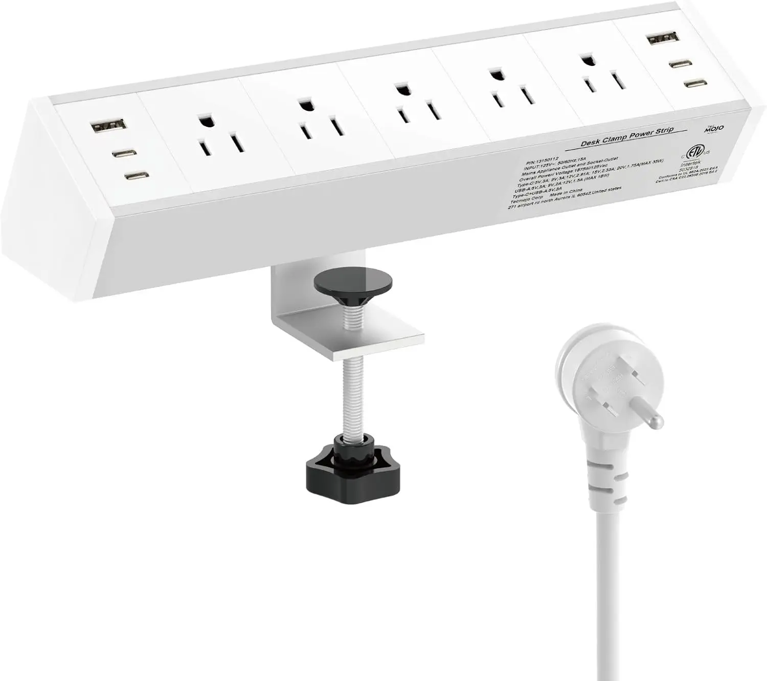 

Настольный удлинитель с 5 розетками, 6 USB-портами, защитой от перегрузки, сертифицированный ETL, белый