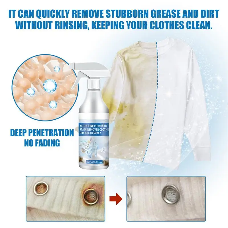 Clothing Stain Remover No-Wash All In 1 Powerful Stain Remover Clothes Dry Spray 120ml Spot Remover Fabric Stain Remover For