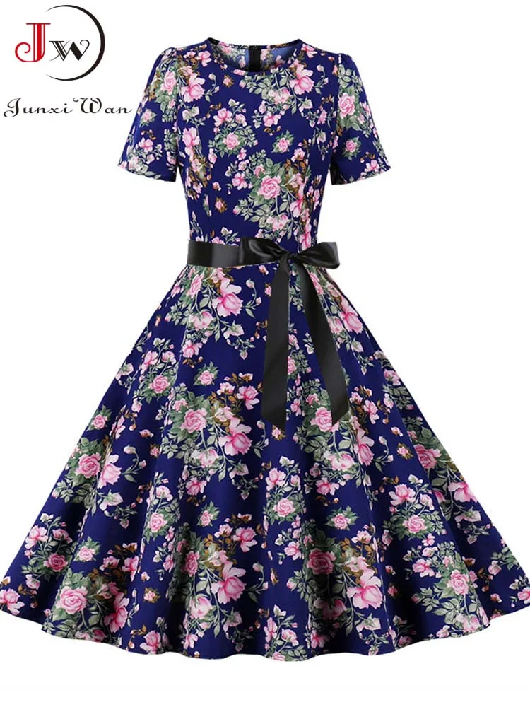 

Elegant Floral Midi Dress Women Summer Short Sleeve Vintage Party Casual Swing 50s 60s Sundress