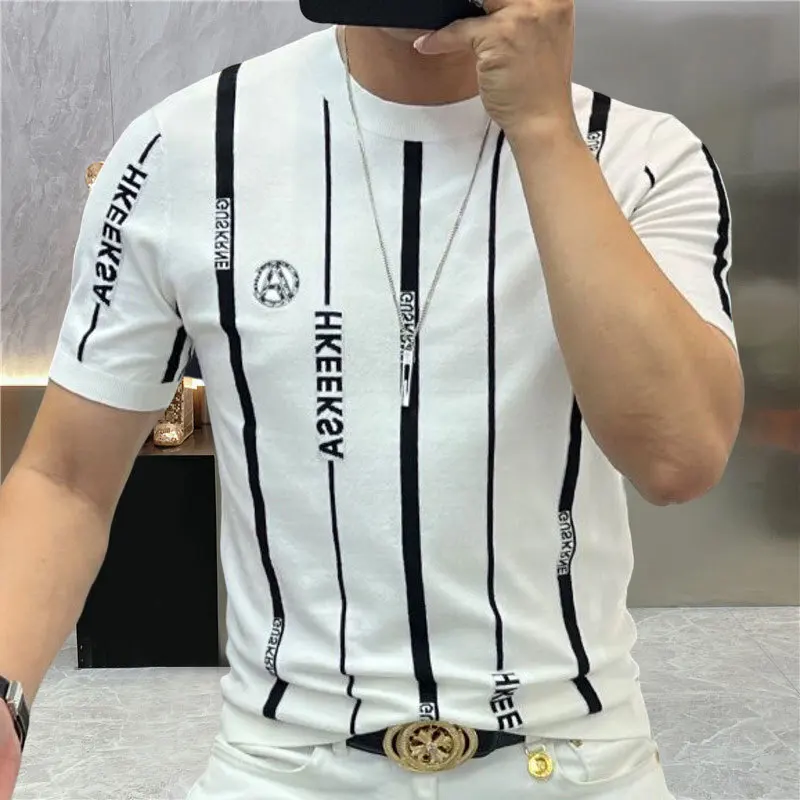 2023 Knitting Stripe Round Neck Tee Shirt Summer Top Streetwear Social Club Outfits Slim T Shirt Men Homme Camiseta Masculina