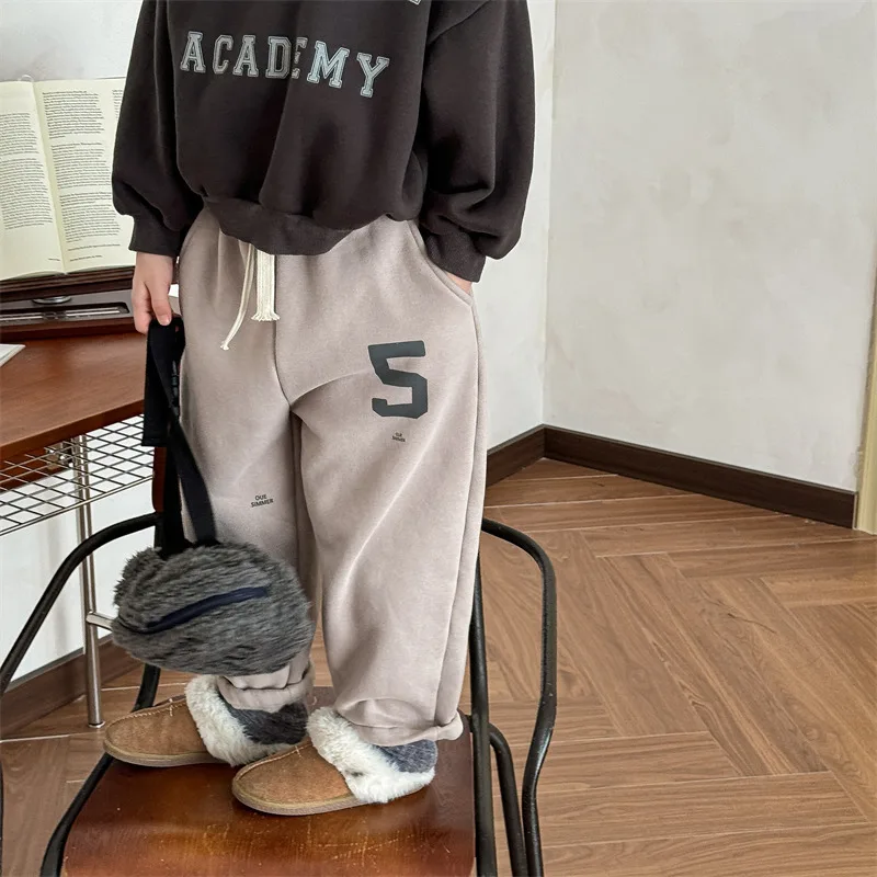 

Winter New Children Fleece Casual Pants Letter Print Boys Sweat Pants Baby Girls Plus Velvet Thick Warm Trousers Kids Clothes