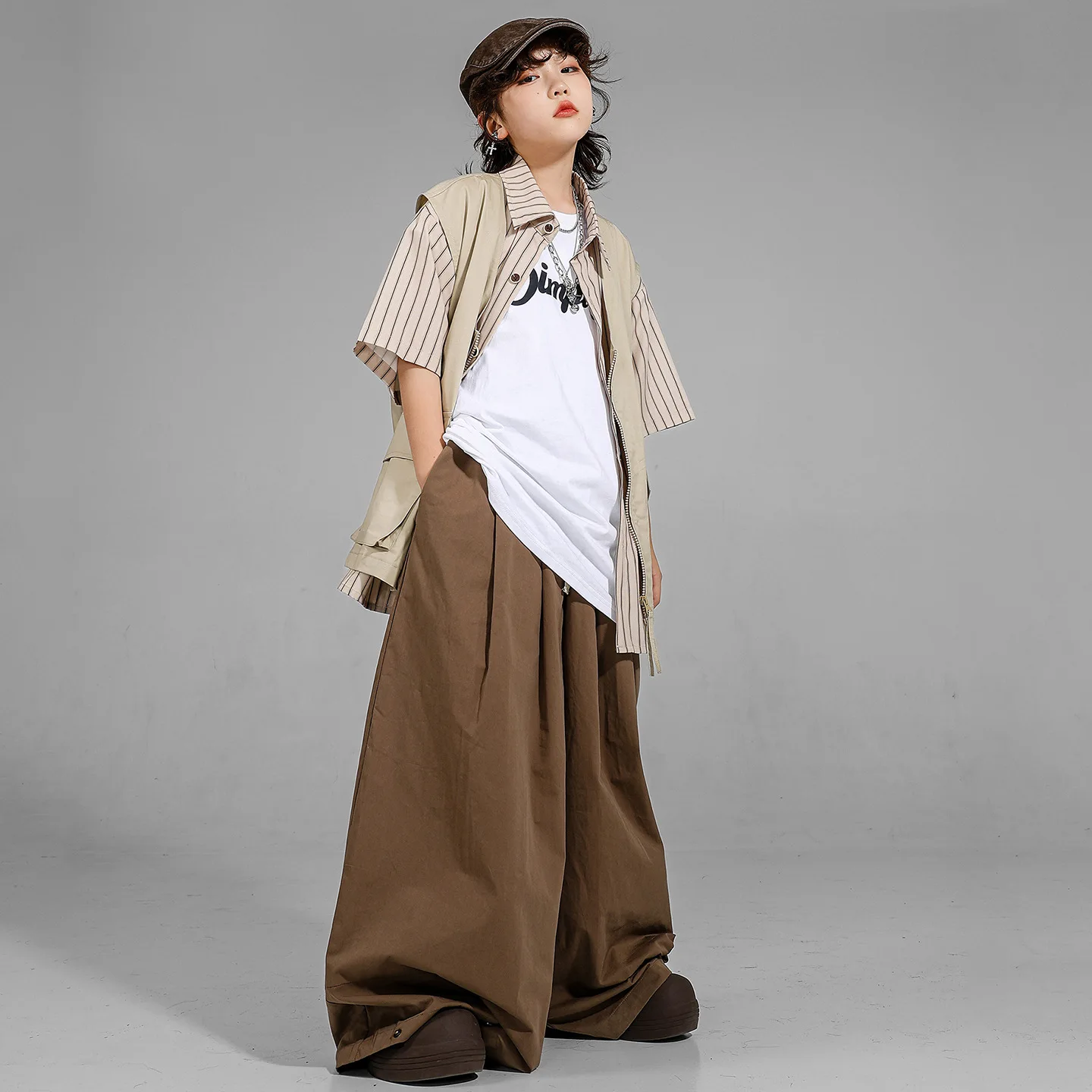 Kid Kpop Hip Hop Clothing Striped Shirt Khaki Vest Top Coffee Casual Wide Leg Pleated Pants for Girls Boys Dance Costume Clothes