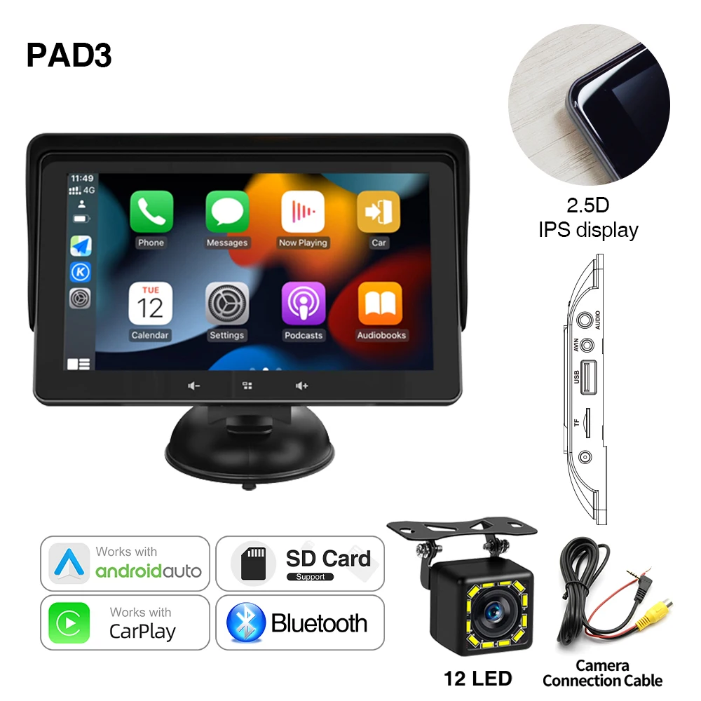 Grandnavi 7 inch autoradio multimedia videospeler draadloze Carplay en draadloze Android Auto draagbaar universeel touchscreen
