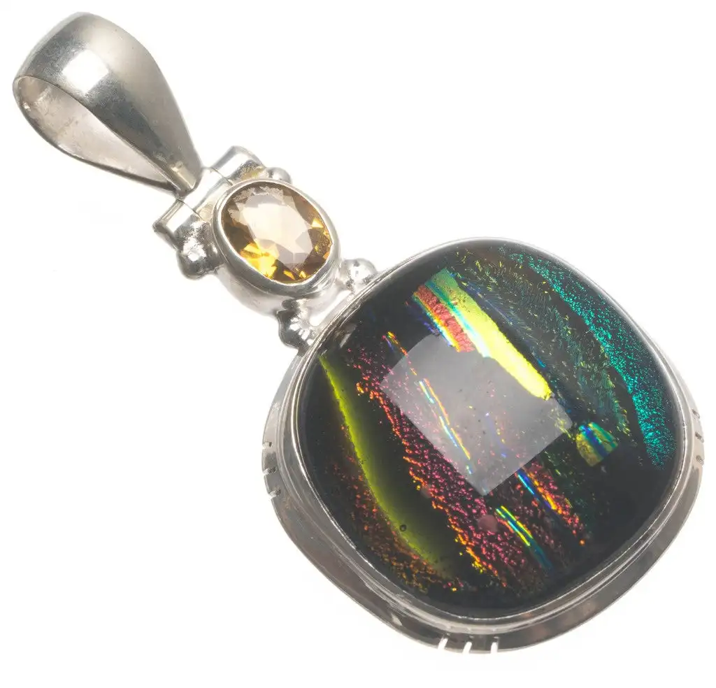 StarGems Rainbow Dichroic Glass and Citrine Handmade Boho 925 Sterling Silver Pendant 1 3/4