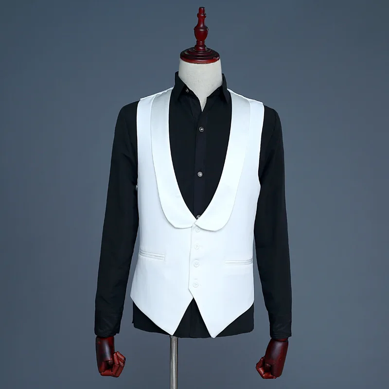 Fashion Shawl Lapel Vest for Wedding Tuxedo Suits Men\'s White Black One Piece Formal Waistcoat Party Stage Performance Suit Vest