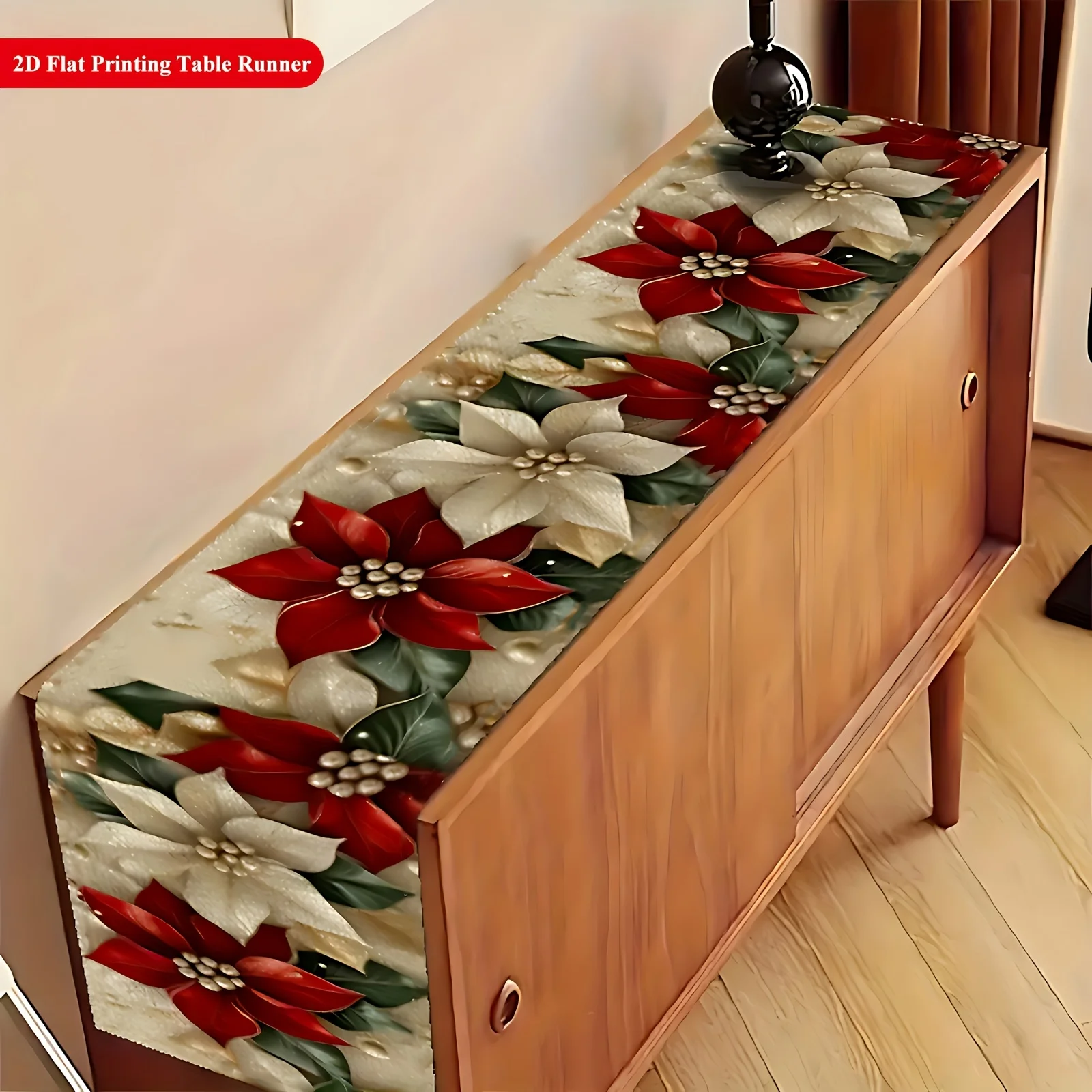 VIKAMA Christmas Table Runner for Dining Table Red White Poinsettia Imitation Embroidery Holly Leaf Winter Linen Decor