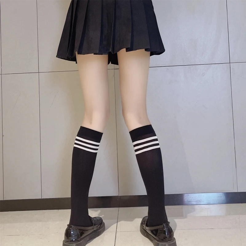Japanese Ins‑Style White Striped Velvet Socks Women Sweet College JK Mid‑Calf Over‑Knee Stockings Comfort Hosiery Daily Looks