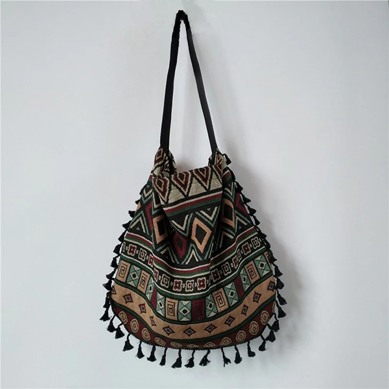 Canvas Leopard Shoulder Bag Women High-Capacity Ethnic Style Cotton Linen Tassels Handbag Tote Bag Shoulder Bags For Girls