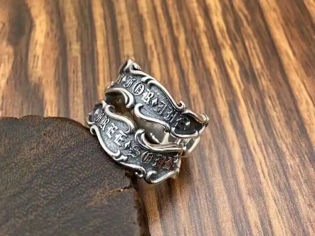 Punk personality jewelry Korean version cool temperament pure silver live mouth Sanskrit ring men's trend retro Thai silver ring