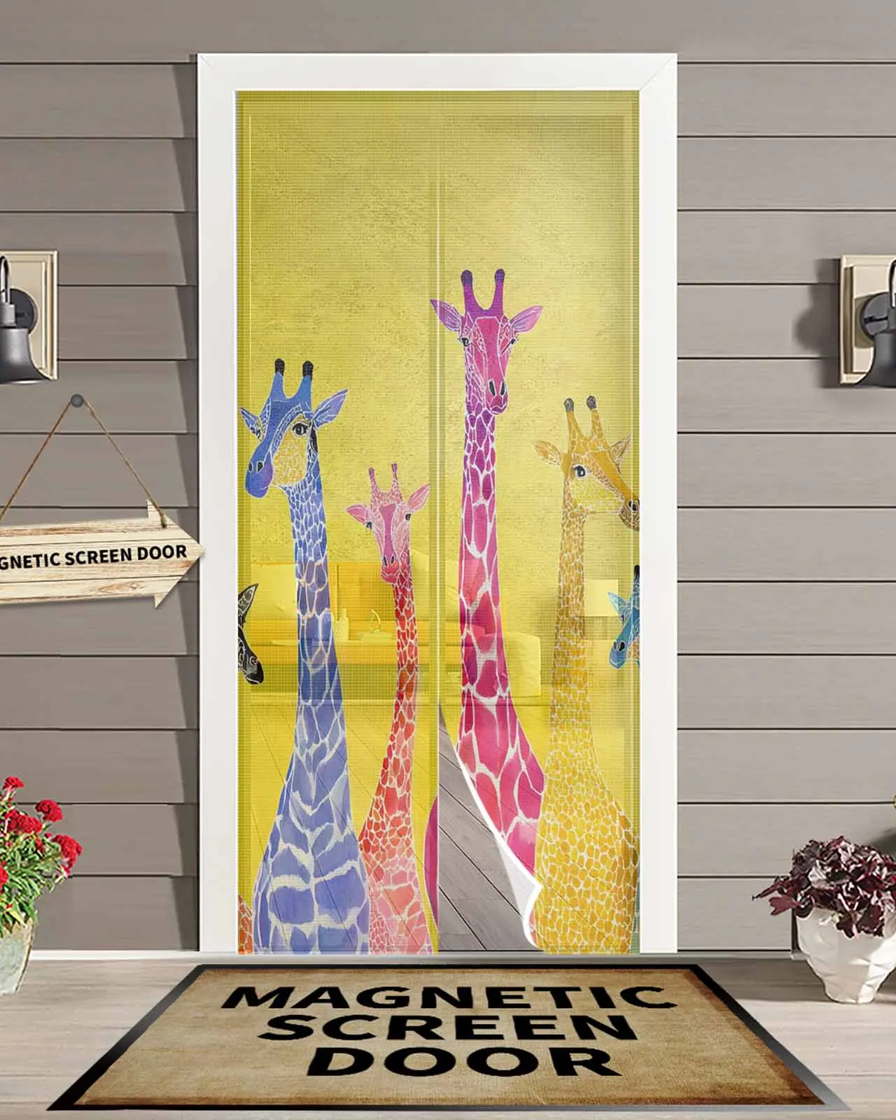 

Colorful Blue Red Giraffe Art Magnetic Door Curtain Living Room Bedroom Home Anti-mosquito Screen Door Curtain