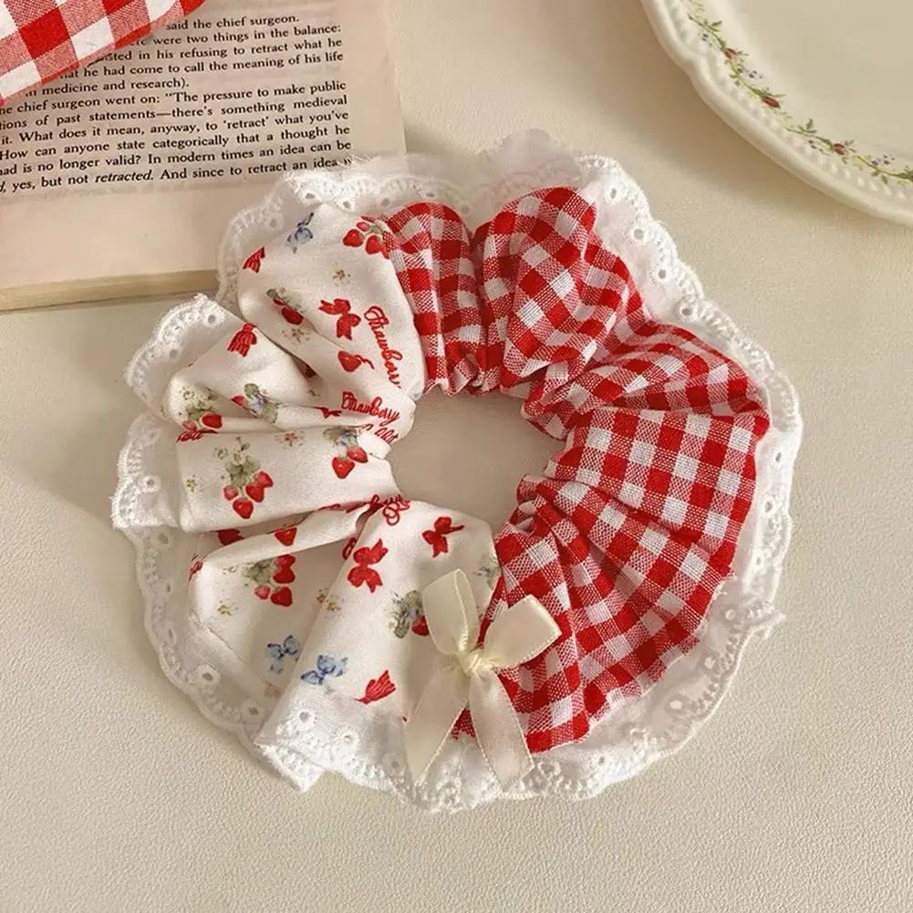 Sweet Strawberry Flowers Scrunchies Hair Accessories For Women Girl Elastic Hair Hair tie Ponytail Holder Rubber Hair Band