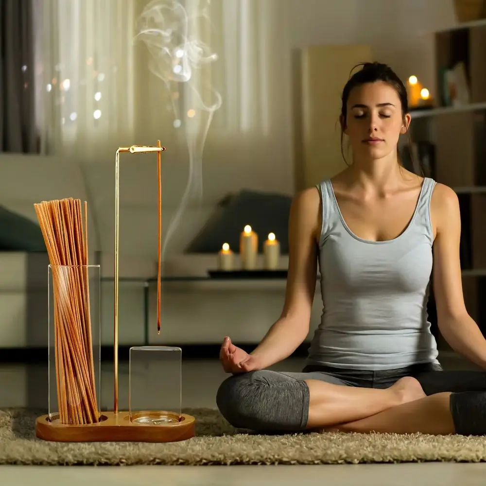 Removable Glass 2 in 1 Incense Holder Anti-Ash Flying with Ash Catcher Incense Burner for Sticks Sticks Organizer Wooden Base