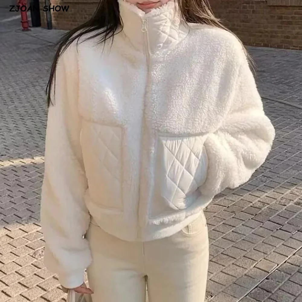 

2025 Осенне-зимнее стеганое пальто из искусственного меха ягненка на молнии, женское стеганое пальто с длинными рукавами, короткая теплая куртка-бомбер, верхняя одежда белого цвета