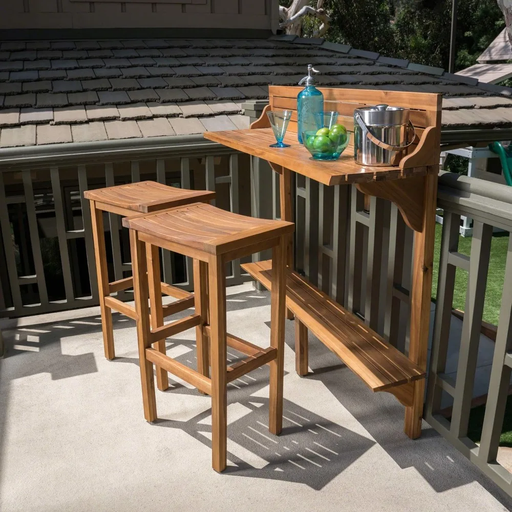 CCaribbean Outdoor Acacia Wood Balcony Bar Set, 3-Pcs Set, Natural Stained Light Brown