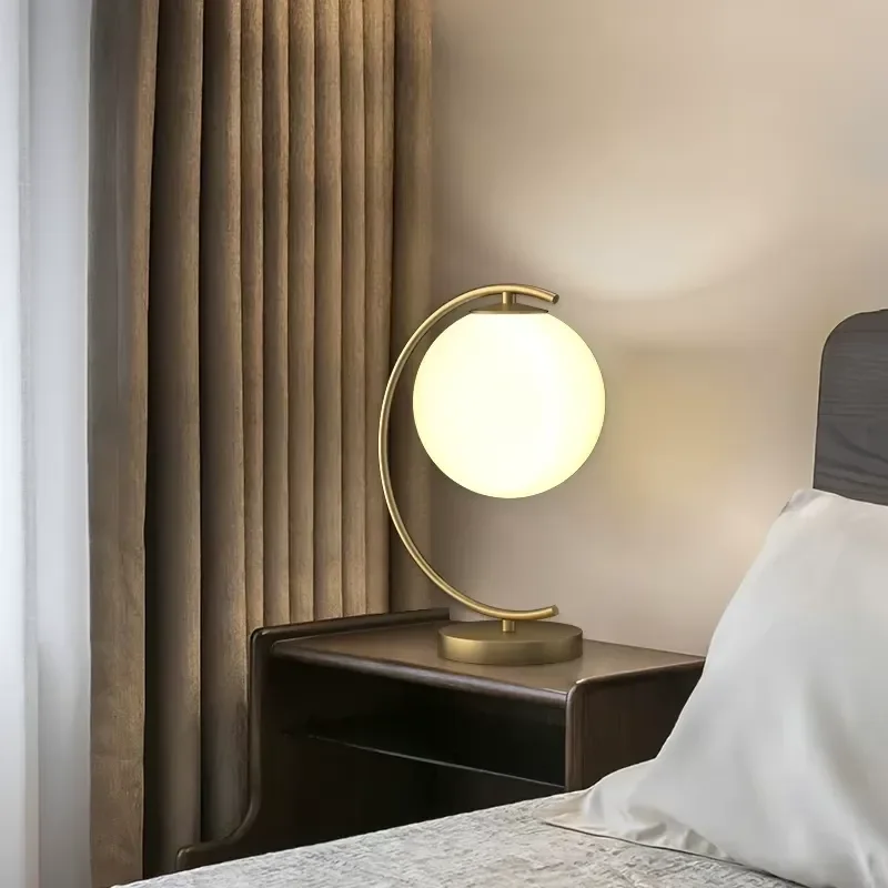 Modern Nordic Brass Table Lamp E14 Curved Arm Spherical Bedside Light for Bedroom Warm Romantic Atmosphere Eco Friendly