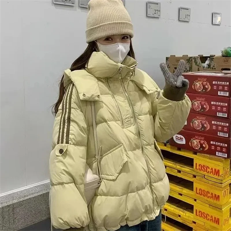 

Autumn Winter Femme Hooded Down Cotton Coat 2025 Women Solid Color Cotton Padded Jacket Korean Lady Long Sleeves Parkas Outwear