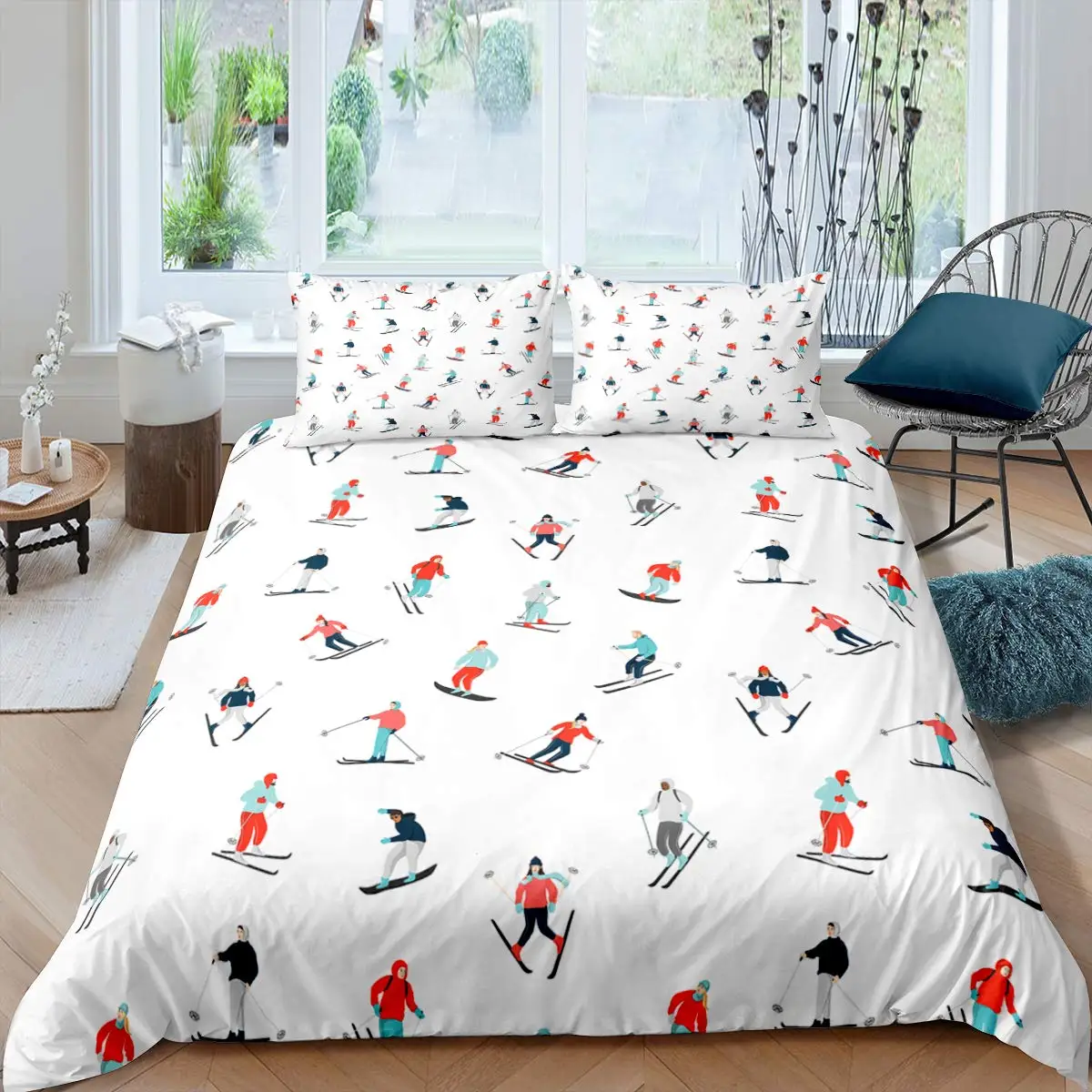 

Skiing Duvet Cover Set Cartoon Ski Bedding Set Sports Theme Comforter Cover Extreme Sport Design Queen King Size Quilt Cover