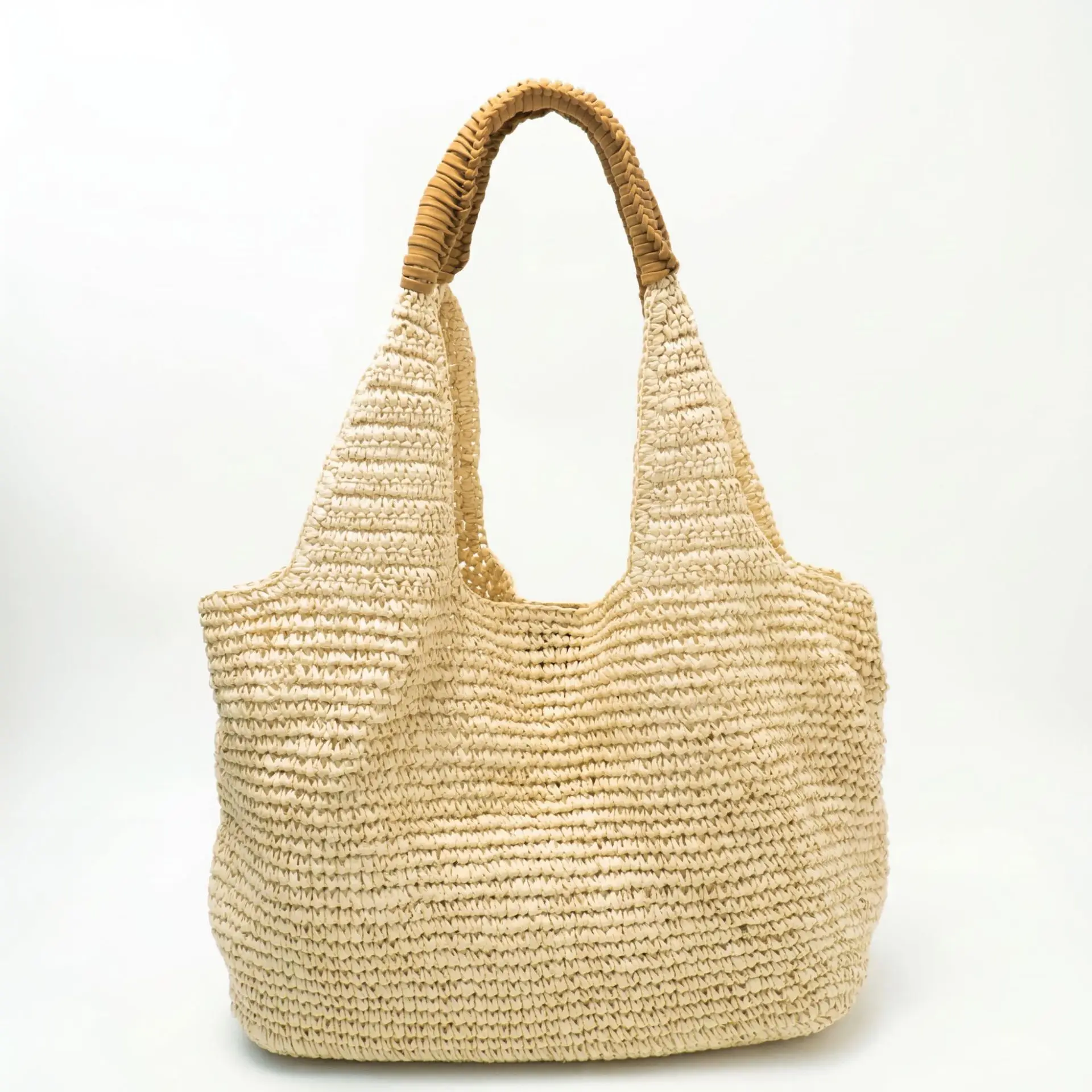 Handwoven Large Capacity Straw Tote Bag Beach Shoulder Bag Casual Travel Soft Oval Shape Double Strap Vintage Style Women's Bag