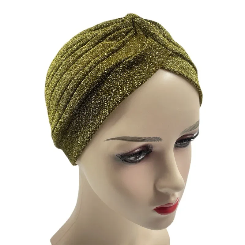 Twist Turban Caps Mode Frauen Knoten muslimischen Hijab glänzend Gold Silber Glitter indischen Hut Männer lässig einfarbig einfaches Kopftuch