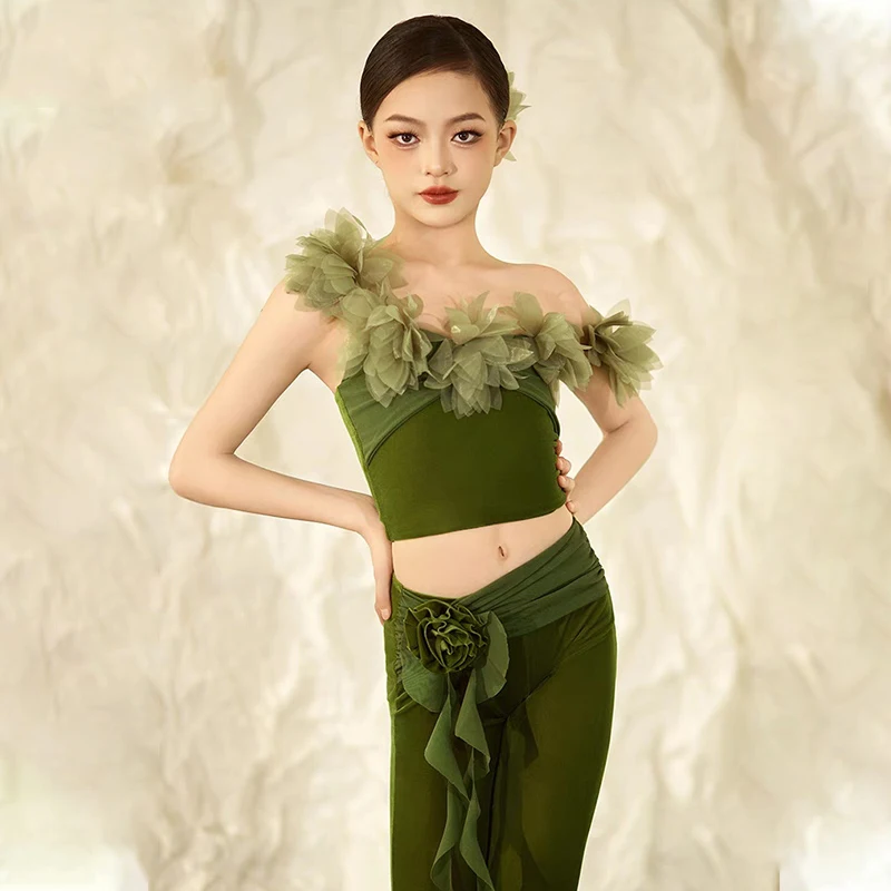 

Kids Latin Dance Practice Clothes Girls Green Flower Tops Pants Cha Cha Rumba Ballroom Dance Performance Costume 2Pcs Set L15756
