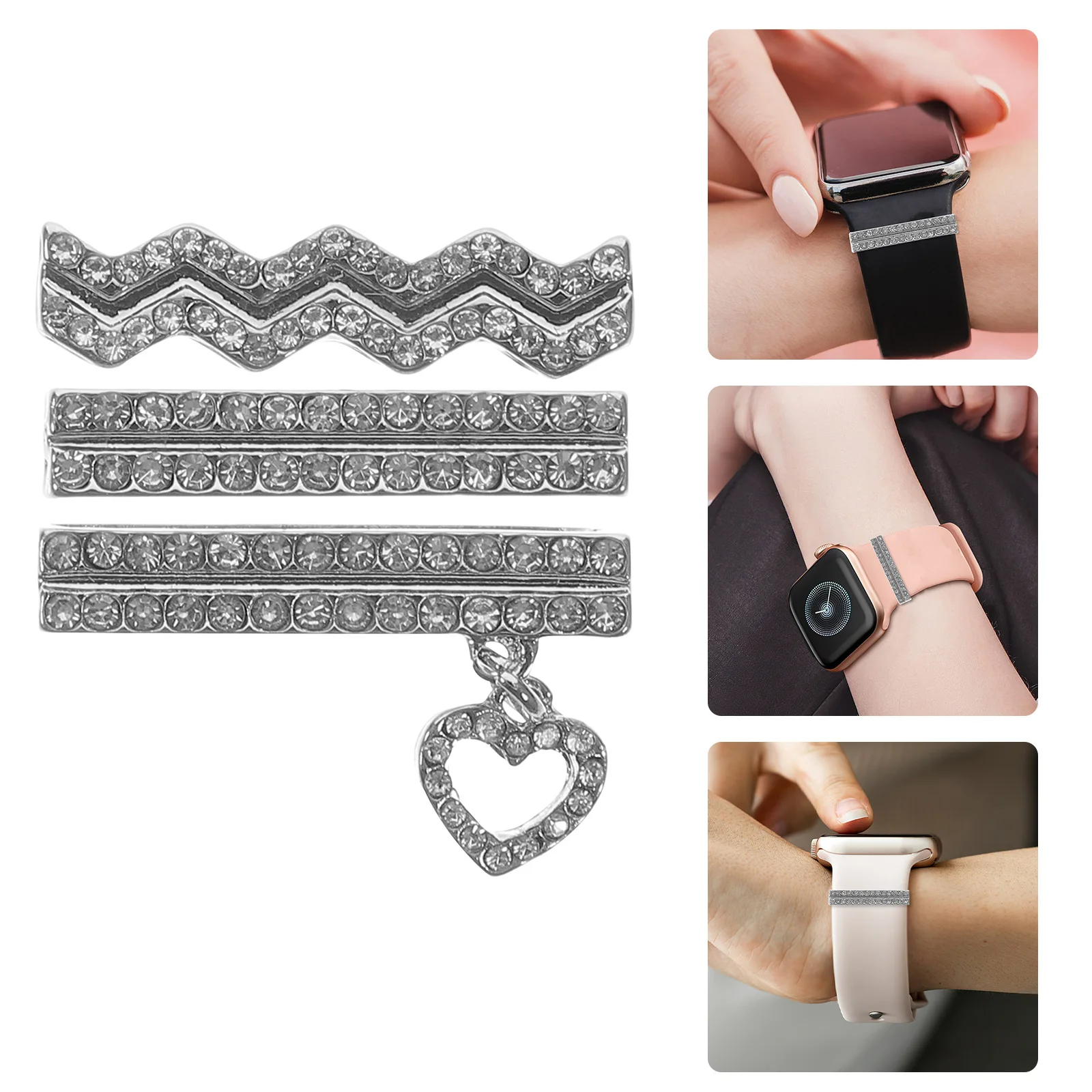 

3pcs Rhinestone Heart Watch Band Clasp Charms Silicone Decorative Watchstrap Ornament For Smartwatch Durable Lightweight Charm