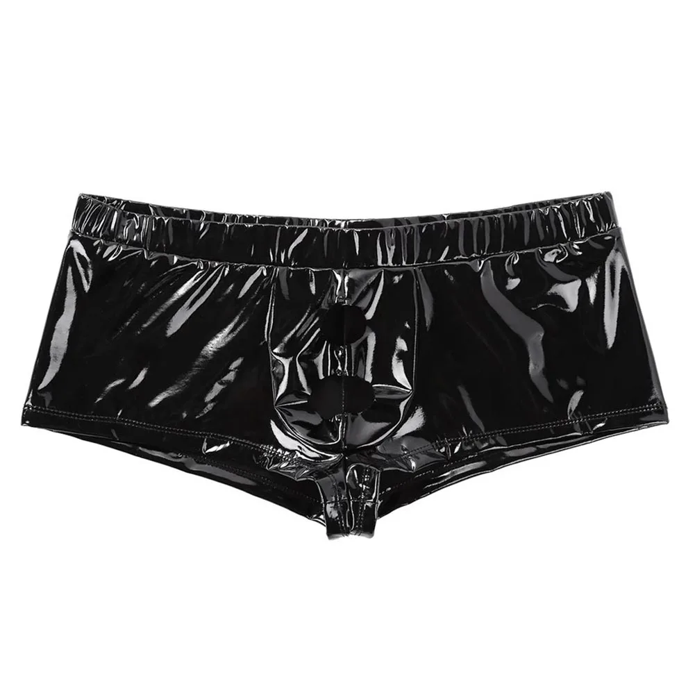 Boxer Briefs Men Underwear Crotchless Male Open Front Hole PVC Leather Sexy Slight Stretch Solid Color Wetlook