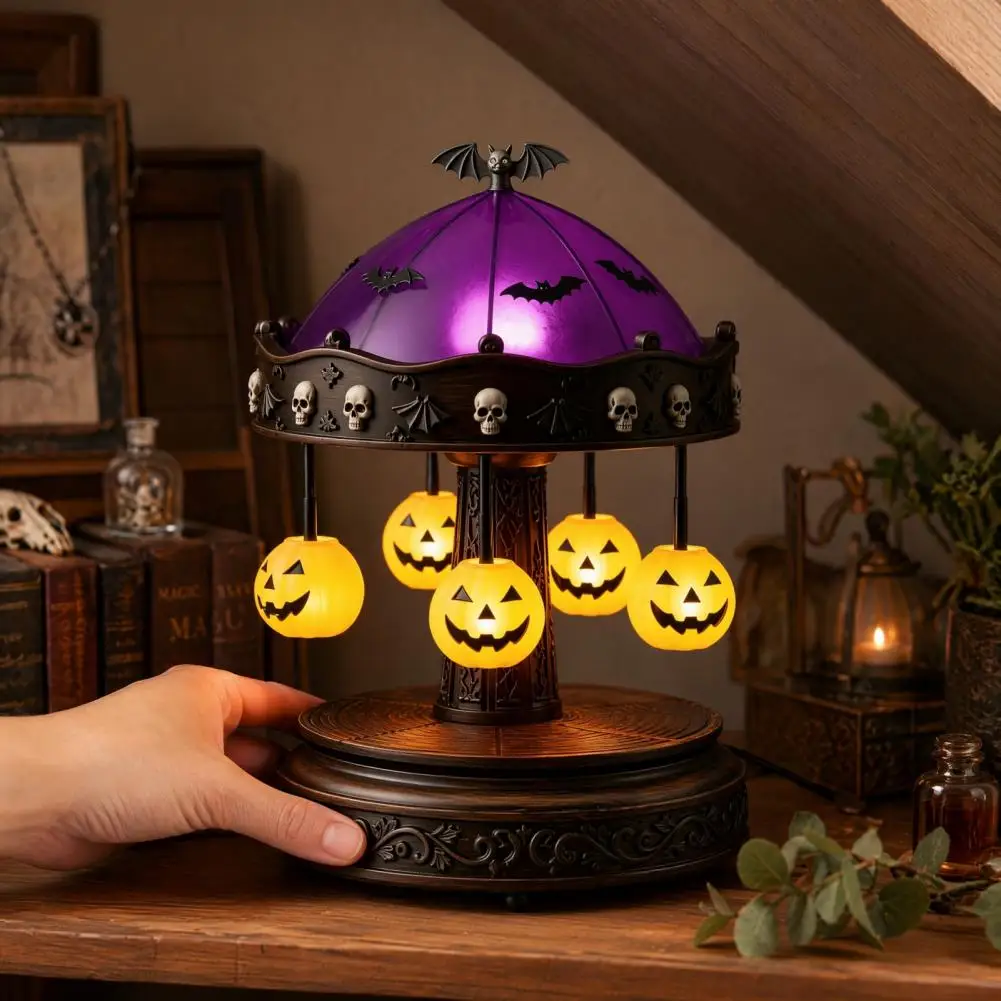 Rotating Ghost Lamp Ghost Carousel Light Halloween Night Lamp Spooky Stained Glass Shade with Floating Ghosts Pumpkins
