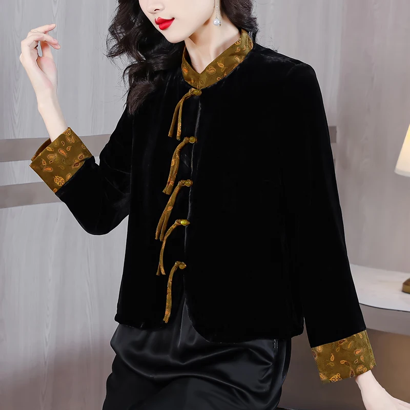 2023 Autumn and Winter New Silk Velvet Long sleeved Top Women\'s Chinese Style Retro Pan Button Standing Collar Tang Suit Jacket