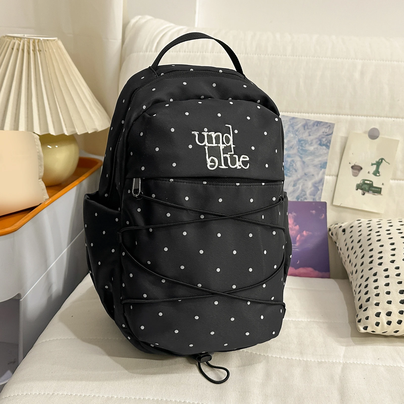 Drawstring Polka Dot Laptop Backpack Cute Travel Casual Backpack Travel Daypack for Teens Women Daily Use Shopping