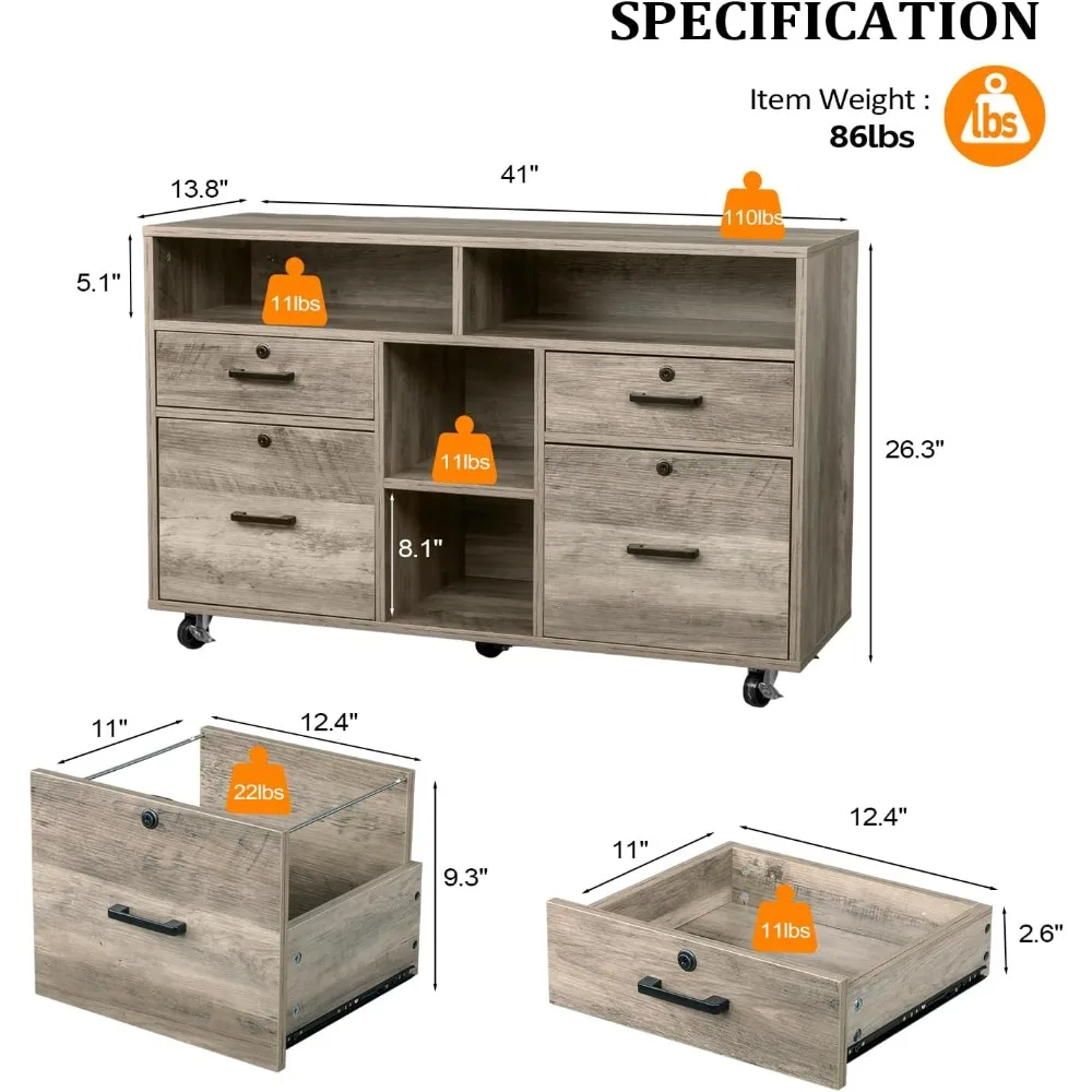 خزانة ملفات دوارة باللون الرمادي الريفي ذات 4 أدراج مع مساحة تخزين قابلة للقفل وأرفف مفتوحة وحامل للطابعة