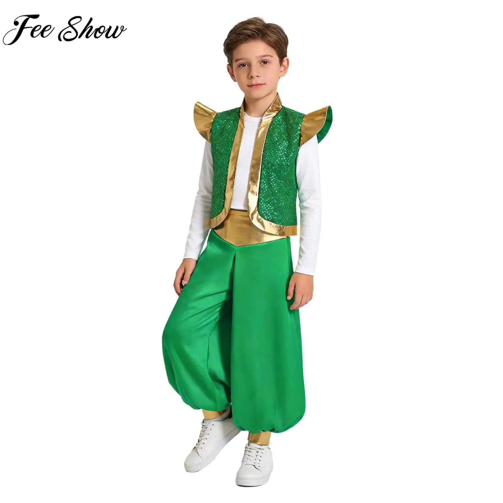 Kids Boys Arabian Prince Cosplay Costume Halloween Carnival Magical Lamp Character Role Play Outfit Sequin Vest with Satin Pants