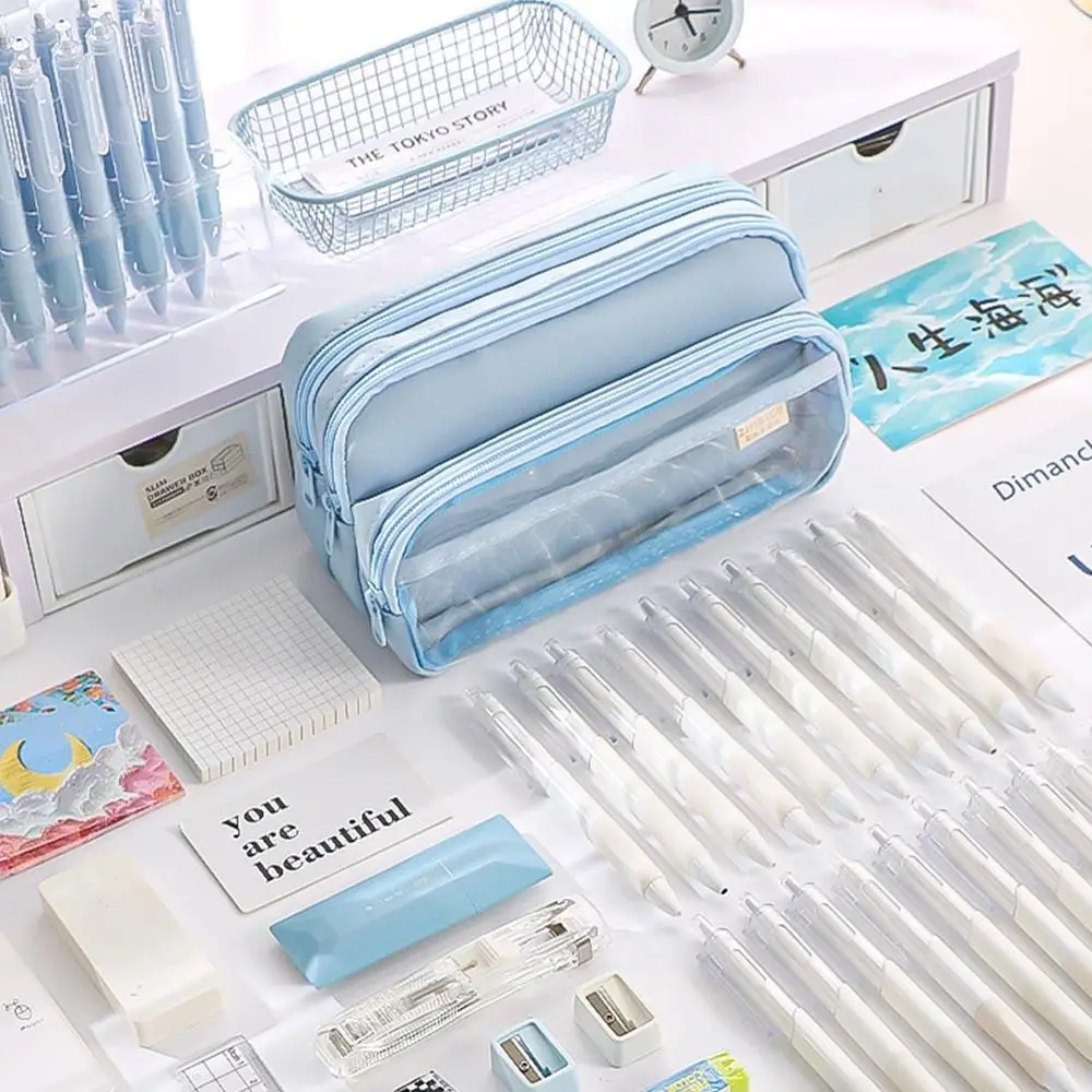 Estuche de lápices transparente multicapa, bolsa de lápices con cremallera de gran capacidad, bolsa para marcadores, bolsa transparente para bolígrafos, suministros de oficina