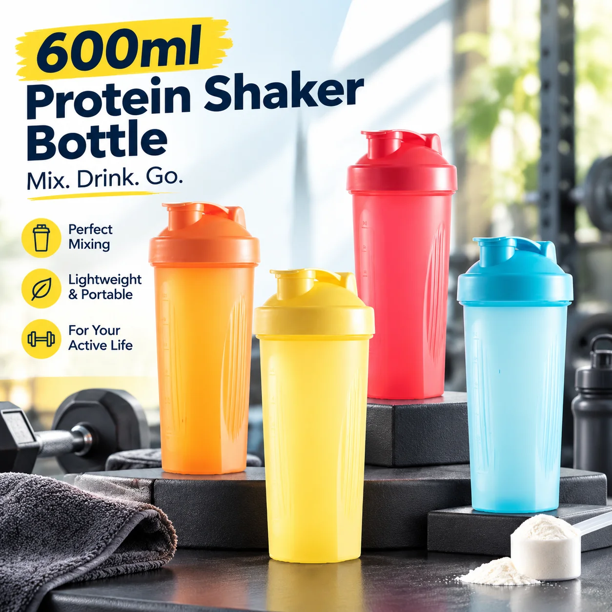 600ml Protein Shaker Bottle with Scale Portable Gym Workout Milkshake Mixing Cup Sports Water Mug