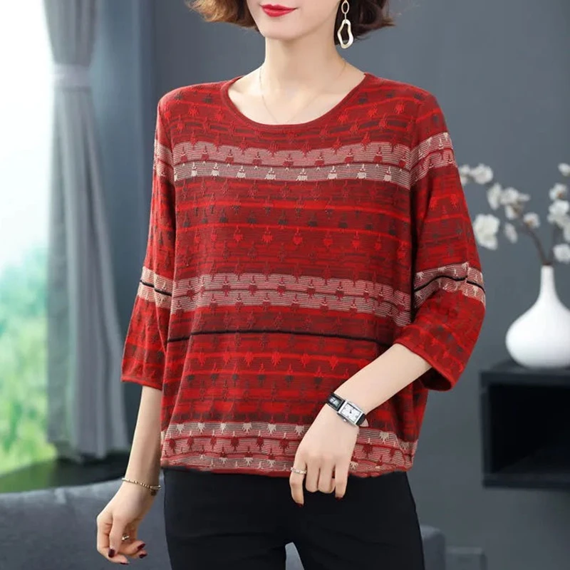 Summer Autumn Vintage Elegant Fashion Shirt Women Three-quarter Sleeve Patchwork Lady Tops Loose Casual All Match Female Clothes