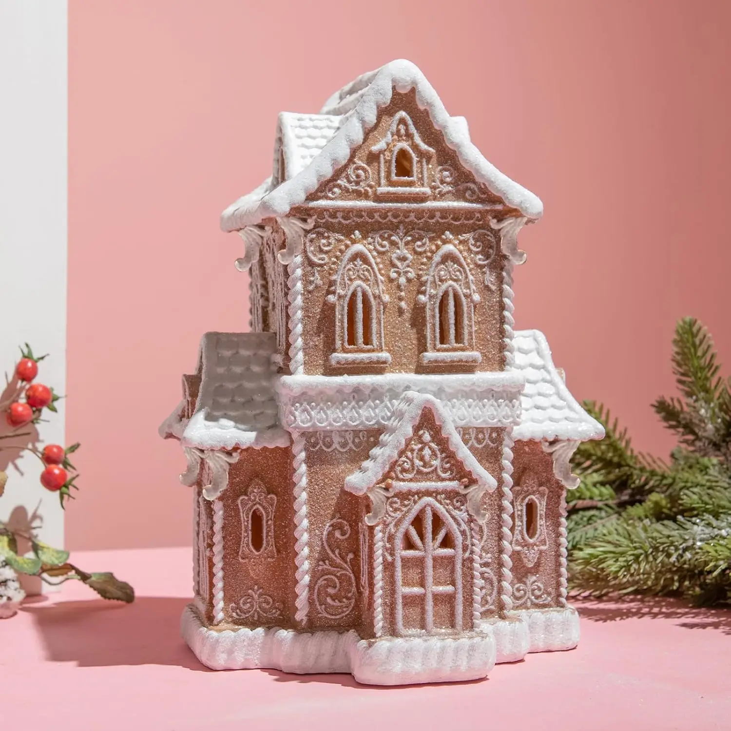Świąteczny domek piernikowy LED z oświetleniem, tradycyjny domek wiejski i figura kościoła, 26x19x34,3 cm