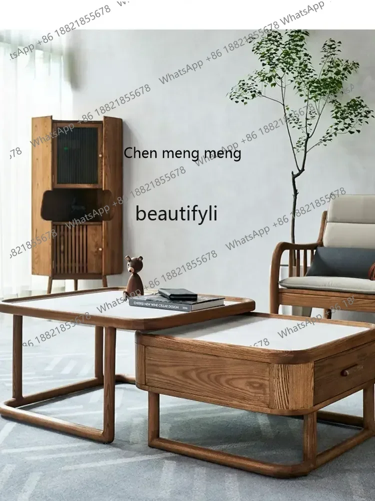 

D178 Solid Wood Tea Table Left and Right Height Folding Size Retractable Nordic Stone Plate Coffee Table TV Cabinet Combination