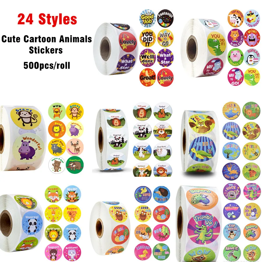 1Inch/25mm 24 Styles Cute Cartoon Animals Stickers Childrens Toy Journal Scrapbooking Teacher Encouragement Reward Decor Sticker