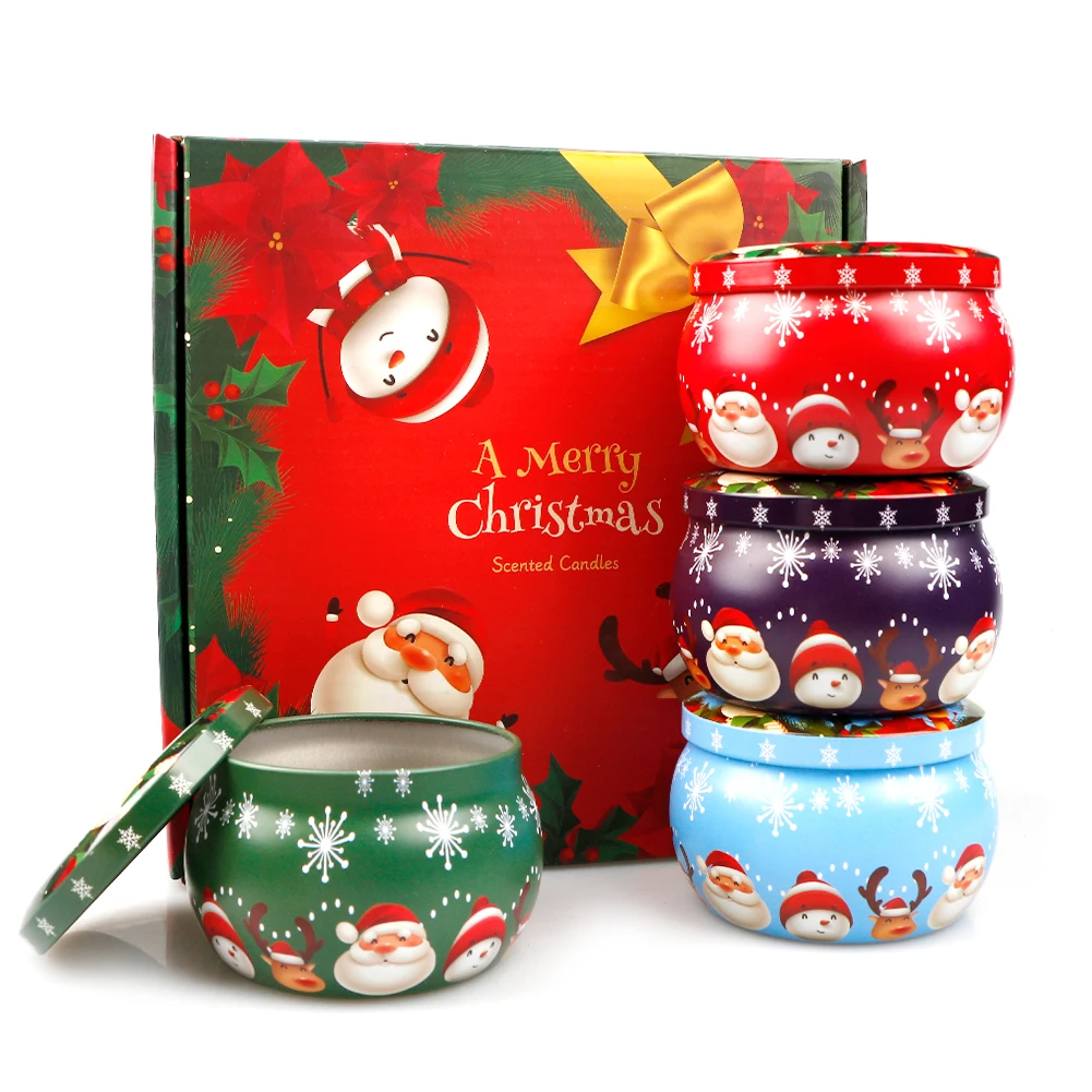 4pcs/set Christmas Aromatherapy Candle Jar Christmas Scented Candle Tin Jar Soy Wax Plant Candle Gift Box Only Empty Jar