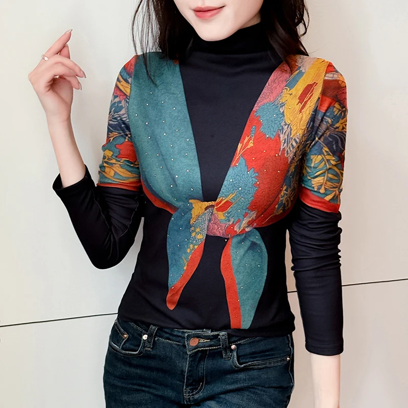 Stylish 2025 Fall Collection: Color Block & Print Turtleneck T-Shirts for Women Slim-Fitting & Versatile Everyday Chic Top