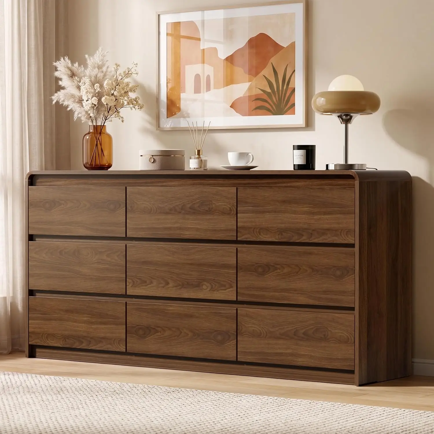 Walnut 9 Drawer Dresser with Soft-Close, Anti-Collision Design, Mid Century Modern Bedroom Storage, 63